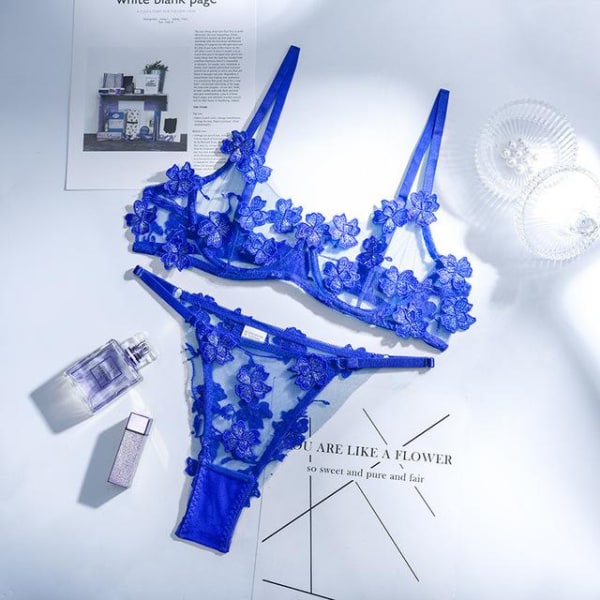 Aduloty 2-delad Flroal BH Set Dam 13 Färger Mesh BH Bygel + Trosa Underkläder Set Dam Cut Out Sexiga Underkläder Set Blue S