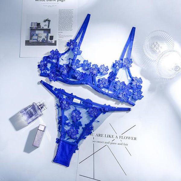 Aduloty 2-delat blommigt set med BH för kvinnor, 13 färger, mesh-BH med bygel + trosor, underklädesset för damer, sexigt set med utskärningar Light blue M