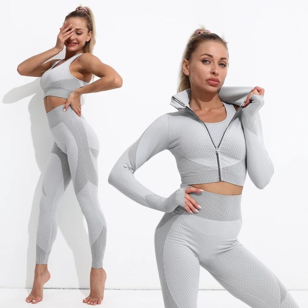 Yoga Set Workout gym kläder fitness för träningsoverall för kvinnor 3 Pcs set gray M