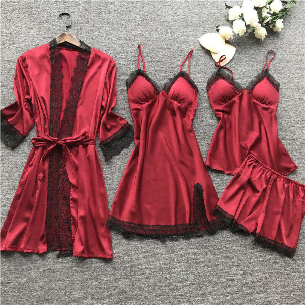 Ny bets Svart Spets Mode Kvinnor Sovkläder med bröstdyna Nattlinne Short Cardigan Set Pyjamas Dark red L
