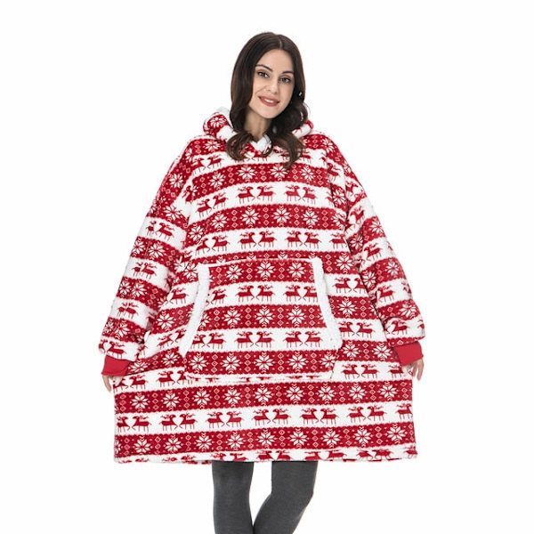 Teppe med Ermer Dame Oversized Hettegenser Fleece Varm Hettegensere Sweatshirts Kjempe TV-teppe Dame Hette Morgenkåpe red deer One Size