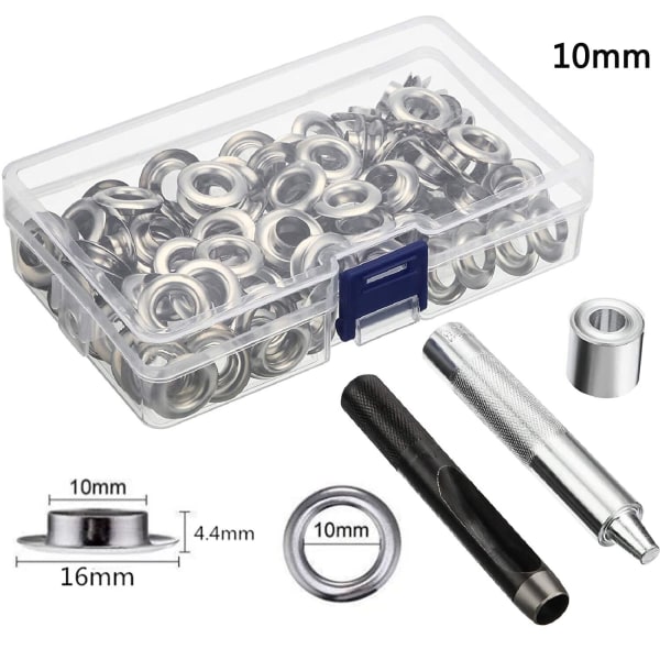Öljettverktygssats 100 Set Öljetter 6mm 10mm 12mm 14mm Innerdiameter Silver för Kläder Skor Väska Läderhantverk DIY 100 sets 10mm