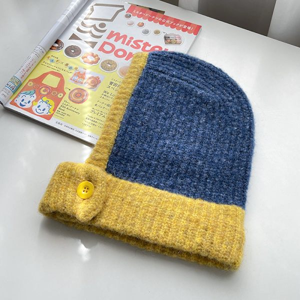 Fargematchende Lue Dame Høst og Vinter Halsbeskyttelse Termisk Strikket Ullue Koreansk Stil Ridesikker Vindtett Knapp Erme Lue Yellow M（56-58cm）