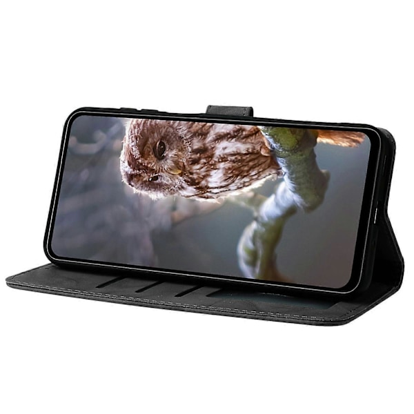 Fodral för Samsung Galaxy A16 4G 5G Uggla Präglat PU Läder Plånbok Telefonfodral med Handledsrem - Pur Black