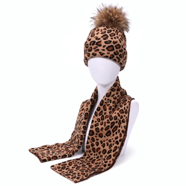 Vinter dam pompong mössa scarf set Leopard Sexig utomhus varm 2 stycken päls pom pom hatt scarf häckmössor för kvinnliga tjejer D