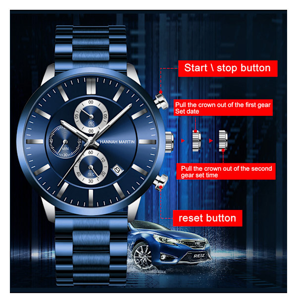 Multifunktionell Kalender Vattentät Klocka Mode Blå Business Casual Fin Stålklocka 1202FL rose gold nail blue chain