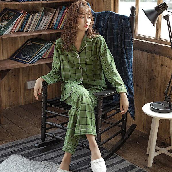 Talven uudet kokopuuvillaiset pyjamat naisille, pitkähihainen V-kaula-aukko, ruudullinen yöasu Red L