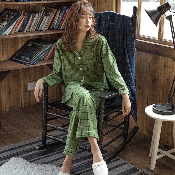 Vinter Nya Helt Bomulls Pyjamas Dam Långärmad V-hals Rutig Sovkläder Light green XL