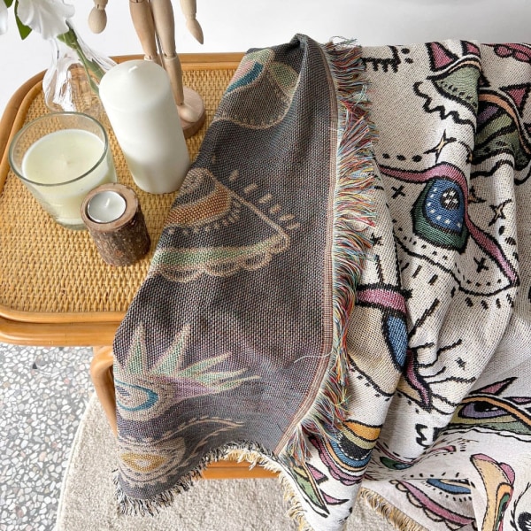 Boho Soffa Sängfilt Stickad Bomull Cover Demon Eye Weighted Gobestry Bohemian Tofs Boho Wall Deco Picknick Matta Filtar L 130x160cm