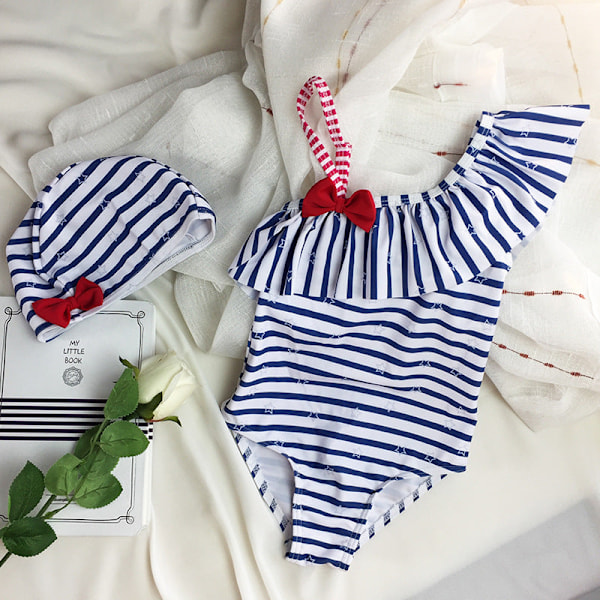 Pigebadedragt Baby Pige Spædbørn Børn 1-3-4 År Gammel Heldragt Marineblå Stribet Lille Prinsesse Badedragt Blue striped XINGX 4T（85-95CM）