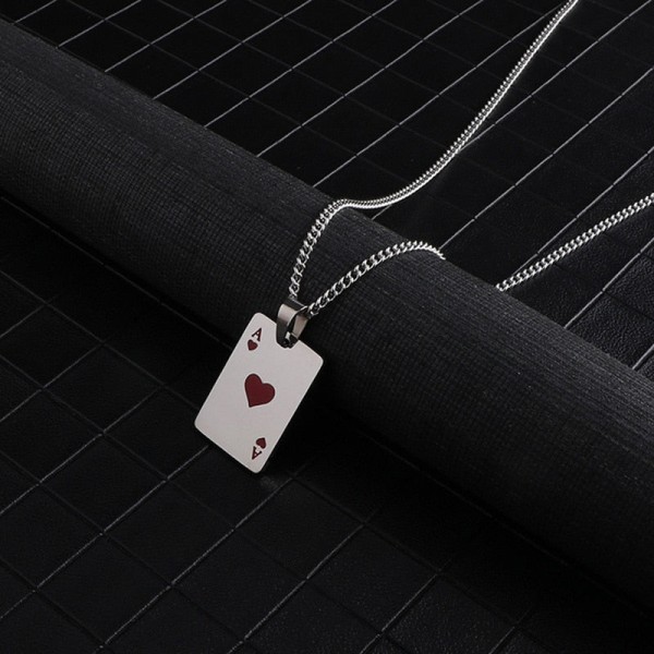 Herre Statement Poker Lucky Ace of Spades Vedhæng Halskæde Rød Sort Sølvfarve Rustfrit Stål Lang Kæde Halskæder Smykker thick smile
