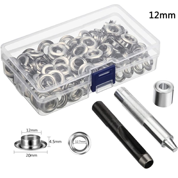 Genomföringsverktygssats 100 set Genomföringar Öljetter 6 mm 10 mm 12 mm 14 mm Innerdiameter Silver för Kläder Skor Väska Läder Hantverk DIY 100 sets 12mm