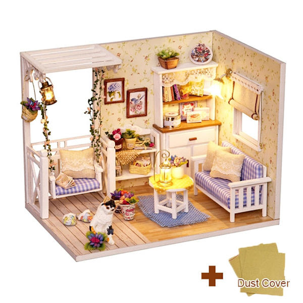 Cutebee DIY Dukkehussett Med Møbler LED-Lys DIY Miniatyr Byggesett Lite Hus Treleker for Barn Voksen As  photo H13B