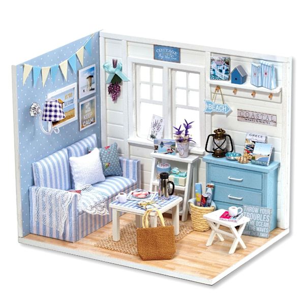 Cutebee DIY Dukkehussett Med Møbler LED-Lys DIY Miniatyr Byggesett Lite Hus Treleker for Barn Voksen As  photo H16A