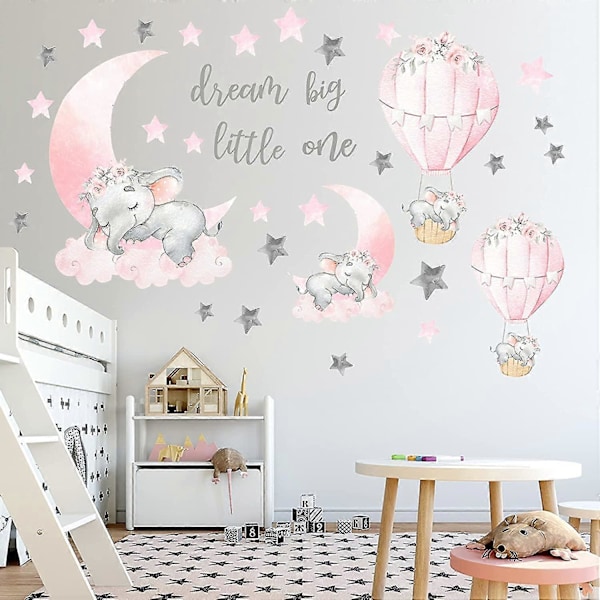 Big Little One Elefant Väggdekaler, Rosa Måne Luftballong Grå Stjärnor Väggdekaler För Barnrum