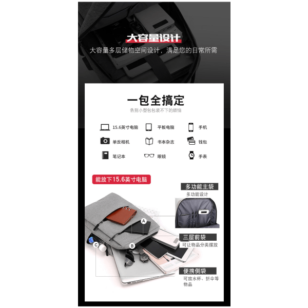 Canvas-reppu ulkoiluun ja vapaa-aikaan Grey 15.6in