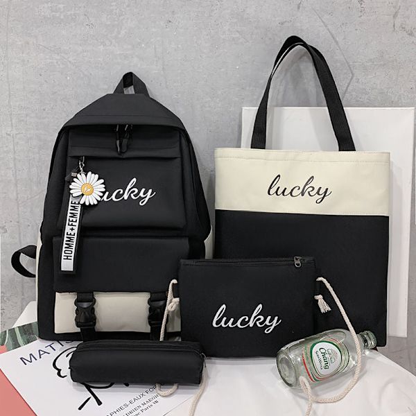 Canvas Piger Mode Skoletaske Stor Kapacitet Studerende Koreansk Rygsæk All-match Multifunktionelt 4-delt Sæt Bolsa Sac A Dos 1 piece black2