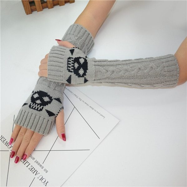Goth Lange Fingerløse Armvarmer Handsker Armvarmere Piger Sorte Kranie Handsker Kvinder Strikkede Varme Handsker Punk EMO Mode Vanter Khaki 2 One Size