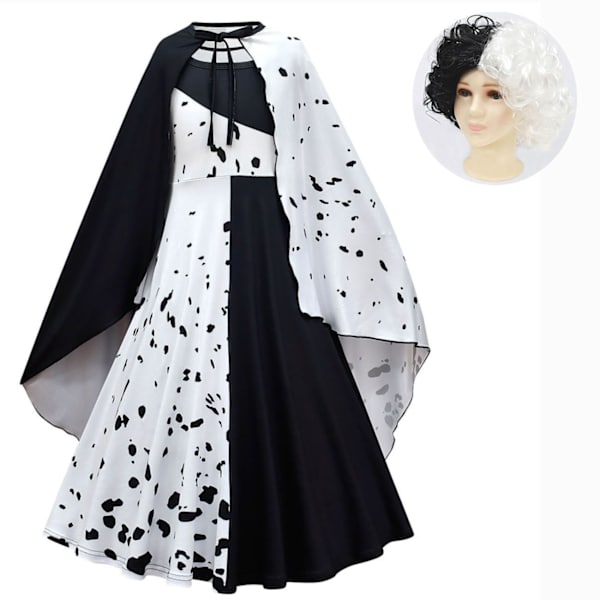 Elokuva Cruella De Vil Cosplay Asut Lasten Puku Mustavalkoinen Piikatytön Mekko Halloween Juhlapuku Viitalla Peruukilla 80589dress cloak 01 140
