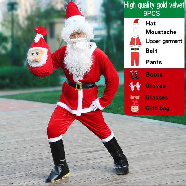 Julemandskostume mænd hat bælte skæg gavepose cosplay sød sjov polyester materiale ny stil Hvid og rød 8PCS-A XXXL