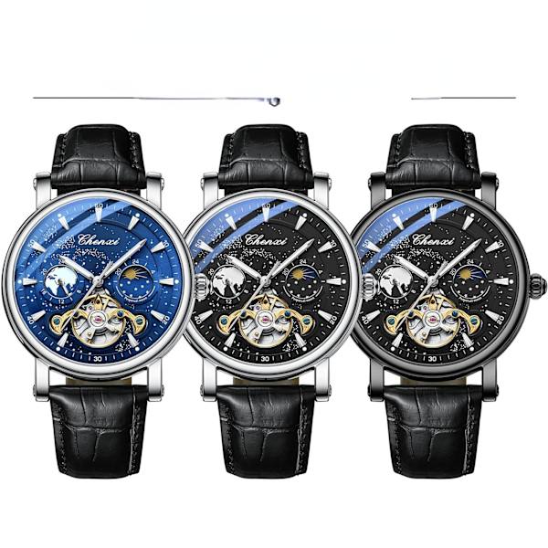 Månfas Hollow Flywheel Mekanisk Klocka Herrklocka Automatisk Självlysande Armbandsur Belt black surface