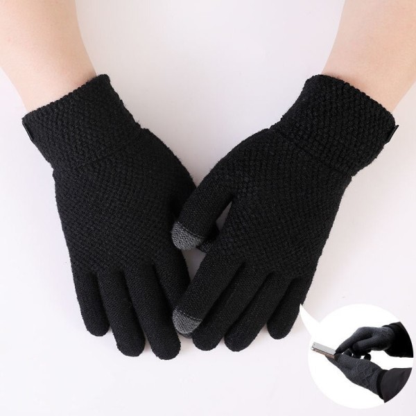 Höst Vinter Herr Stickade Handskar Pekskärm Högkvalitativ Ull Enfärgade Handskar Herr Vantar 11762-Jacquard-Black Elastic stretchable