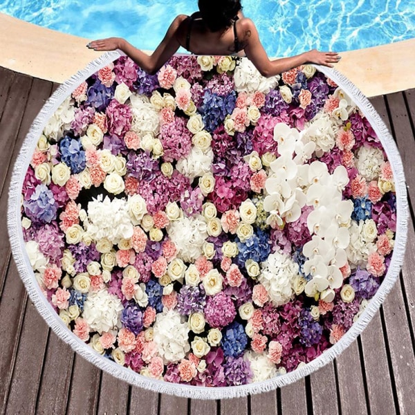 Kawaii Blommor Rosbuske Rosa Strand Badhandduk Rund Havsfilt Strand Yoga Matta Picknickmatta Absorberande Manteau Kappa 8