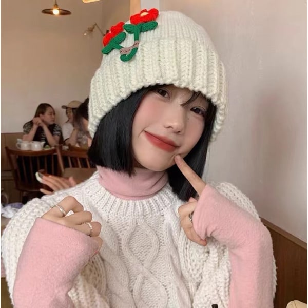 Söta Blommor Ullmössa Dam Höst och Vinter Koreansk Stil Litet Ansikte Stickad Hatt Japansk Stil Stor Huvudomkrets Varm Allmatchande Hatt Yellow M(56-58cm)
