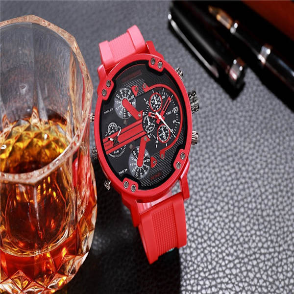 Monikäyttöinen Muodikas Tyylikäs Cool-tyylinen Ylisuuri Iso Kellotaulu Kaksoisinsertit Kumipäällysteinen Teräsvyö Kvartsikello Red Tape Watch