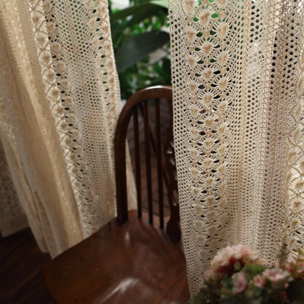 Boho Chic Beige Hæklet Strikkede Gardiner til Soveværelse Bomuld Linned Udhulet Retro Bondehus Terrasse Vinduesgardiner as picture 1pcs W150xH180 cm