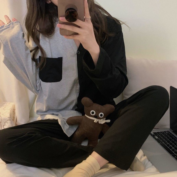 Pyjamas Dam Höst Enkel Vardaglig Kofta Nät Röd Tjej Långärmade Byxor Ytterkläder Hemmadräkt Black XXL