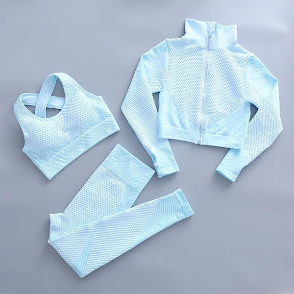 Yoga Set Träningskläder gym fitness för damer träningsdräkt 3 Pcs set Sky blue M
