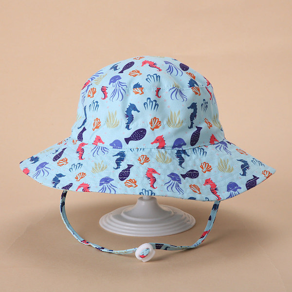 Kevään ja kesän uusi aurinkohattu miehille ja naisille, vauvan hengittävä, nopeasti kuivuva ranta-hattu, lasten aurinkosuoja säädettävä bucket-hattu Blue background seahorse S code (50)