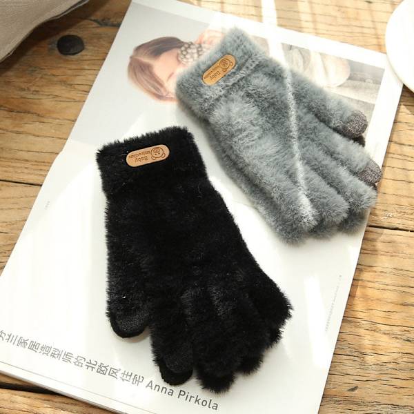 Stickade handskar Vinter Varma Tjocka Pekskärmshandskar Päls Handskar Enfärgade Vantar för Mobiltelefon Surfplatta Dam Cashmere Ullhandske Grey one size
