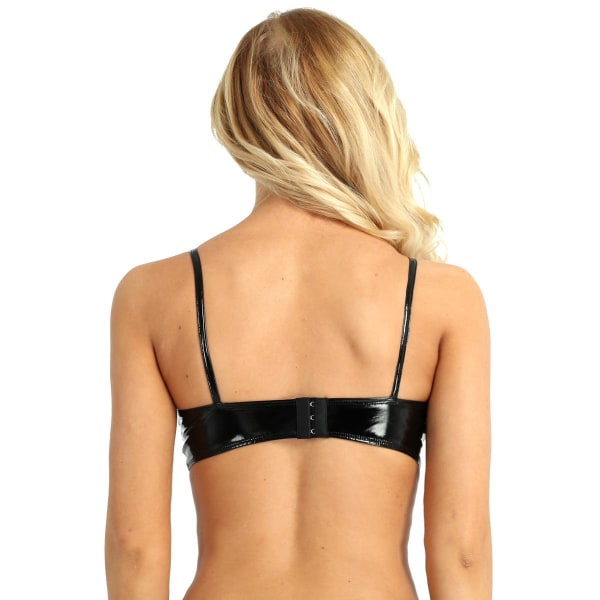 Dam Wetlook Faux Läder Spaghetti Straps Trådfria No Pad BH Top Raves Wear Black M