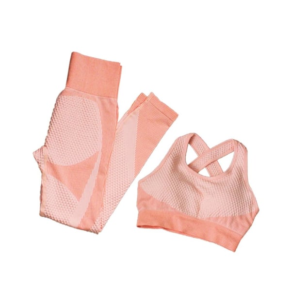 Yoga Set Långärmad Tröja+Sport-BH+Sömlösa Leggings Träningskläder Löparkläder Gymkläder 2pcs Bra Suits Pink M