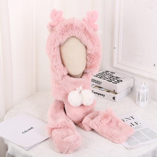 Sött Julhatt Handskar Halsduk Tredelat Set Utomhus Håll Värmen Köldtålig Plysch Hatt i Ett Stycke WHSS6049-A rabbit ears khaki