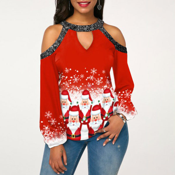 Christmas Outfit Damkläder Bright Crystal Patchwork Cold-Soulder Julkläder Christmas wine glass 4XL