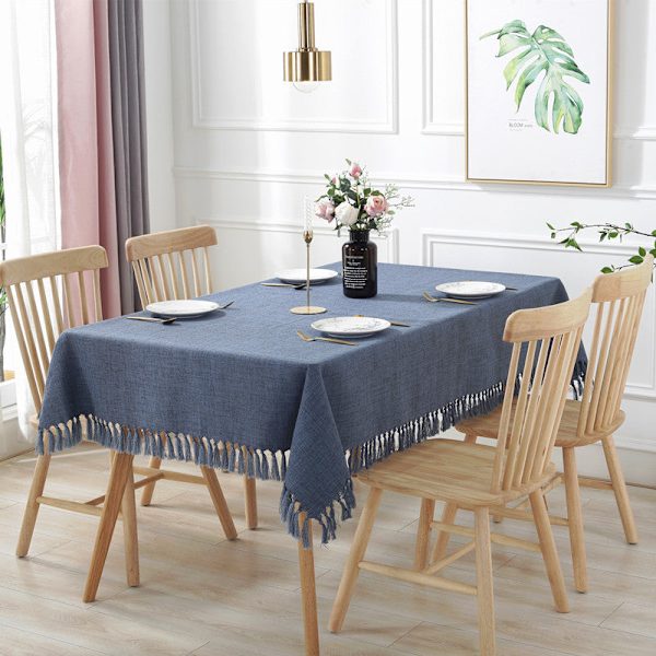 Yksivärinen tupsullinen pöytäliina puuvilla suorakulmainen sohvapöytäliina kotitalous puuvilla pellava pöytäliinat pöytätabletit Dark Blue 135X 135cm (680g)