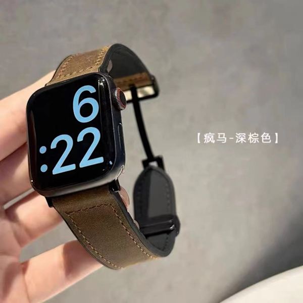Klockarmband för Apple Watch iWatch 38/40/41/ 10:e generationen 42mm Universal äkta läder Crazy Horse mörkbrun