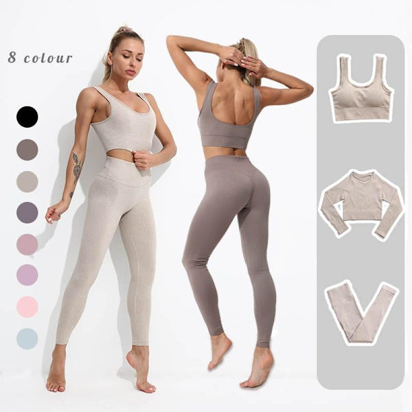 Yoga Set Träningskläder Toppar Och Leggings Sportdräkter För Kvinnor BraPants Khaki S
