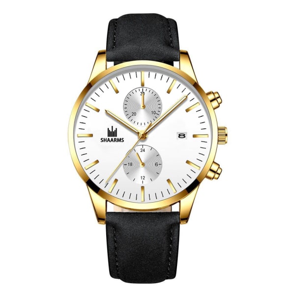 Elegant Business Herreklokke Enkle Falske Øyne Med Kalender Quartz Lærreims Klokke Herre Black