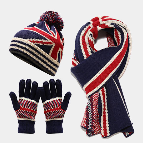 Flaggmössa Halsduk Handskar Tredelat Set Vinter Utomhus Varm Mössset National flag style three-piece set