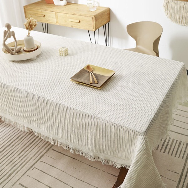 Högtemperaturbeständig Bordsduk i Bomullslinne Ins Stil Japansk Våffla Förtjockad Enfärgad Semester Hem Bordsduk White (thickened) 130-180cm