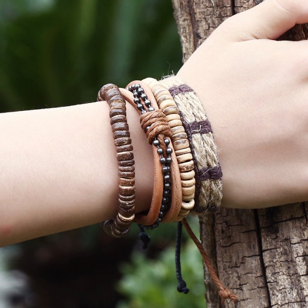 Simpelt Retro Sæt Armbånd DIY Flettet Læderarmbånd Kokosnødskal Armbånd Herre Hamp Reb Læderarmbånd Default Title