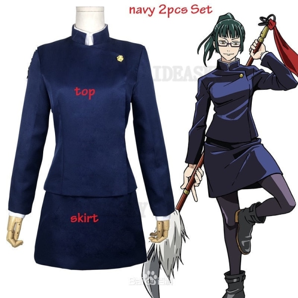 Anime Jujutsu Kaisen Cosplay Kostym Maki Zenin Grön Peruk Top Kjolskor Zenin Maki Halloween Julfest Uniform Män Kvinnor black 4pcs Set Women L