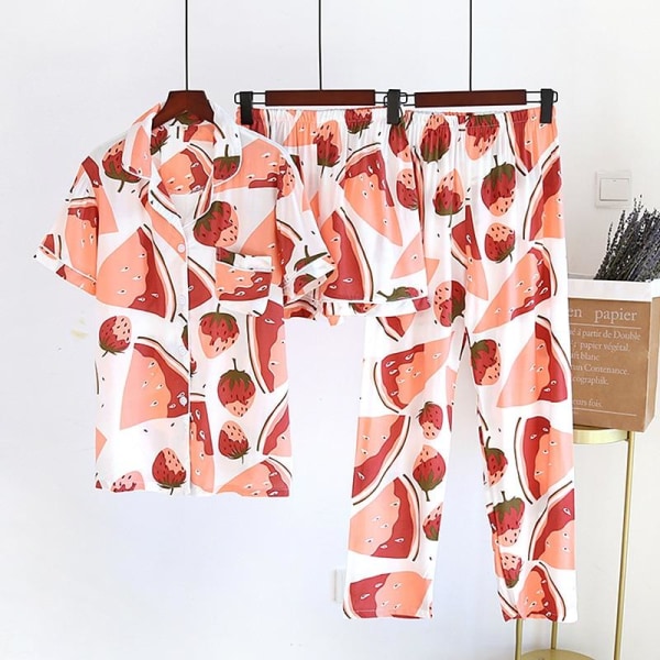 2023 Nye Dame Forår og Sommer 100% Viskose Pyjamas Tre-delt Kortærmet + Shorts + Bukser Blødt og Behageligt Hjemmetøj Orange M