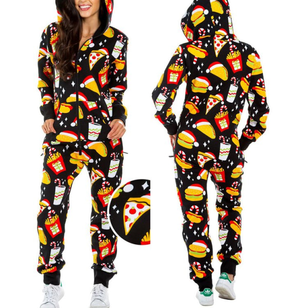 Jul-pyjamas i ett stycke för damer med huva, tomtemönster, mysiga vuxenoveraller, festliga hemmakläder Grid M
