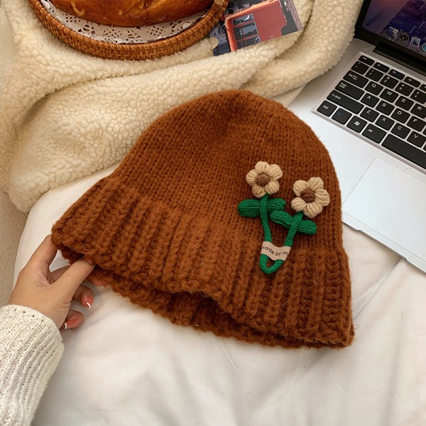 Söta Blommor Ullmössa Dam Höst och Vinter Koreansk Stil Litet Ansikte Stickad Hatt Japansk Stil Stor Huvudomkrets Varm Allmatchande Hatt Red M(56-58cm)