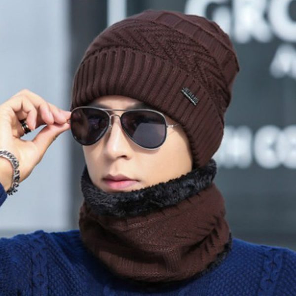 Herre Vinter Fleeceforet Vatteret Varm Iron Button Arrow Strikket Pullover Uld Strik Hue Halstørklæde Todelt Sæt Black